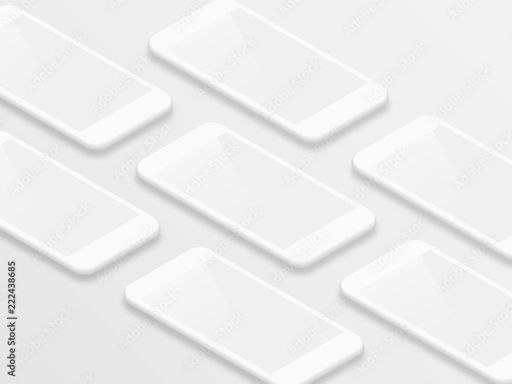 Poster clean white isometric realistic smartphones with blank screens vector grid. mobile app user interfac