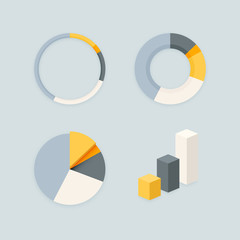 Stylish grey infographics stats chart diagram vector set. Ring, pie, donut and column graph blank infographics material flat design element templates for web and mobile apps