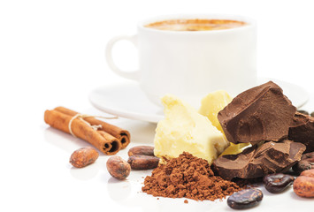 cup of hot chocolate and ingredients for cooking  homemade choco