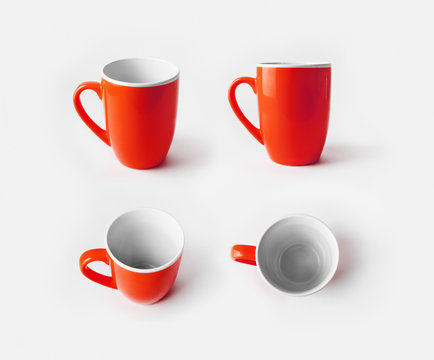 Red ceramic cups. Mugs for coffee or tea. Responsive design mockup. Template for placing your design.