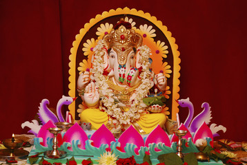 Fototapeta na wymiar Decorated Ganapti idol during Ganapati Festival, Pune.
