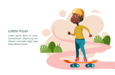 Older people lead an active lifestyle. Old people play sports. Grandma is a skateboarder. Vector illustration.