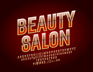 Vector Chic Logo with Text Beauty Salon. Luxury Red and Gold Alphabet Letters, Numbers and Symbols.