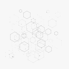 Abstract vector illustration with hexagons, lines and dots on white background. Hexagon infographic. Digital technology, science or medical concept. Hexagonal geometric vector background.