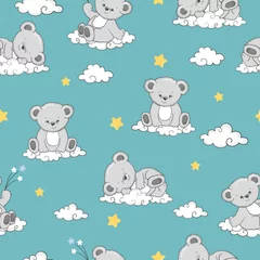 Behang Slapende dieren Naadloze patroon met schattige slapende teddyberen op wolken.