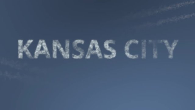 Flying airplanes reveal Kansas City caption. Traveling to the United States conceptual intro animation