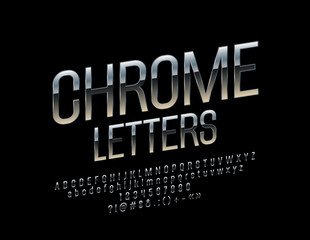 Set of Elegant Chrome Alphabet Letters, Numbers and Punctuation Symbols. Vector Rotated Silver Font.