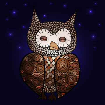 Cartoon sleep owl on the dark background with lighting star