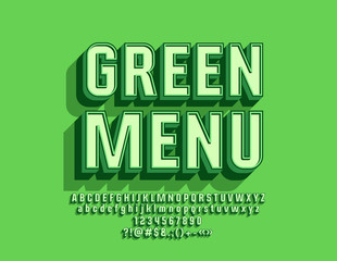 Vector Modern Logo Green Menu with 3D Font. Beveled Alphabet Letters with Shadow