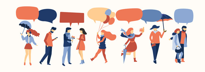 People walk and communicate. Autumn isolated human characters with speech bubbles.
