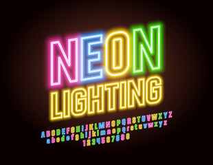 Vector Colorful Light Glowing Font. Bright Neon Alphabet Letters, Numbers and Symbols