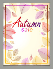 Autumn vertical banner design, vector yellow and red leaves floral beautiful background, Autumn Sale, advertising poster, brochure or flyer design. Stylish classy botanical drawing, environment.