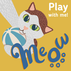White and brown cat selfie with Meow logo and text