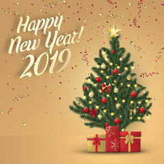 Fototapeta na wymiar Happy New Year 2019 card with Christmas tree and gifts.