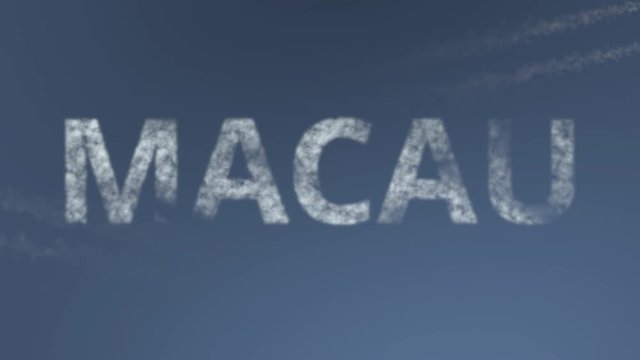 Flying airplanes reveal Macau caption. Traveling to China conceptual intro animation