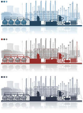Paysage d'une plateforme industrielle pétrochimique avec des cheminées, sphères, bacs de stockage, colonnes de distillation, vapocraqueur, centrale électrique, silos en 3 couleurs modifiables 