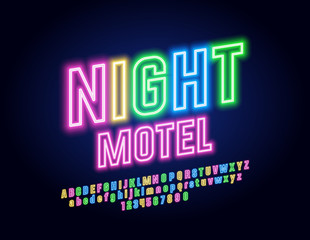 Vector Neon Colorful Emblem Night Motel. Glowing Font for Business Banner. Alphabet Letters and Numbers.