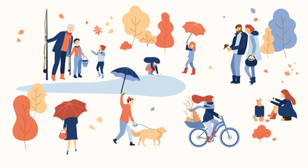 People spend leisure time outdoors in park. Autumn illustration.