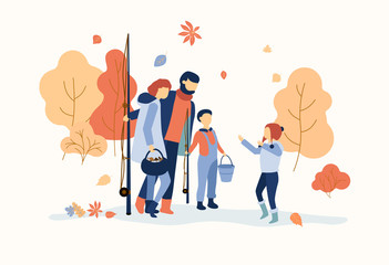 Happy family spend leisure time outdoors. Autumn illustration.