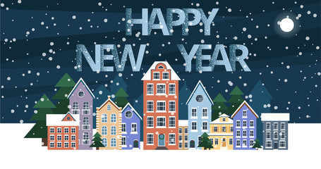 Happy New Year greeting card with cute houses and snow.