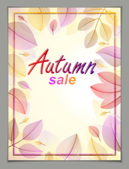 Autumn vertical banner design, vector yellow and red leaves floral beautiful background, Autumn Sale, advertising poster, brochure or flyer design. Stylish classy botanical drawing, environment.