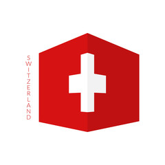 National switzerlan flag in 3d perspective.Abstract cube.White cross on red background.