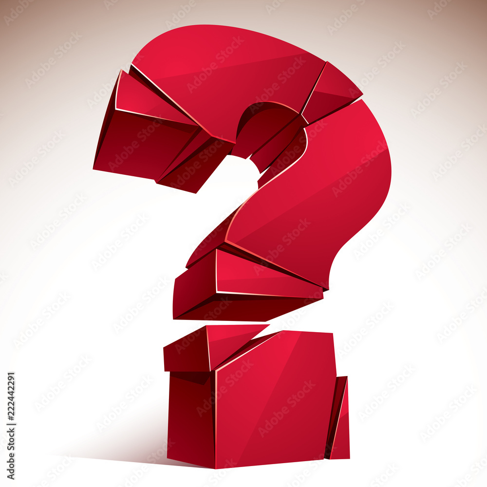 Poster broken question mark exploding, query breaking to pieces, vector 3d realistic illustration. special 