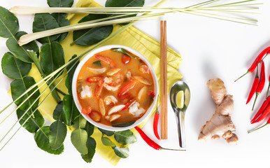 Thai Tom Yum Goong or spicy tom yum soup with prawns shrimps