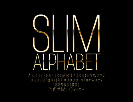 Vector Slim Elegant Gold Alphabet. Luxury set of Glamour Letters, Numbers and Symbols