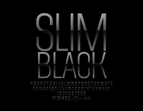 Vector Slim Black Font. Luxury Glossy Alphabet Letters, Numbers and Symbols