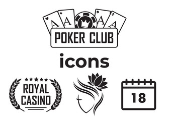 Vector calendar icons and Poker club, casino sign set. Beautiful woman logo