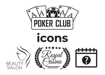 Event add delete progress icons and Poker club, casino sign set. Beautiful woman logo