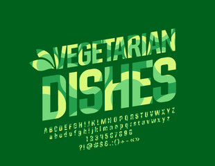 Vector Logo Vegetarian Dishes. Graphic Style Font. Textured Alphabet Letters, Numbers and Symbols