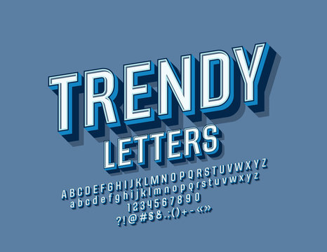 Vector Trendy Font. Set of Retro 3D Letters, Numbers and Symbols.