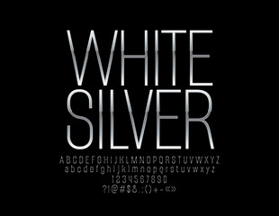 Vector White Silver Font. Metallic Slim Alphabet Letters, Numbers and Symbols