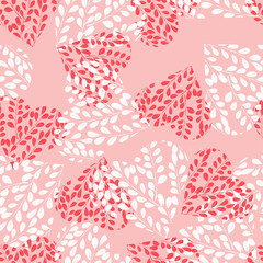 Seamless pattern with pink hearts on pink background. Branches with leaves in the heart. Romantic wallpaper, textile, clothes, wrapping paper.