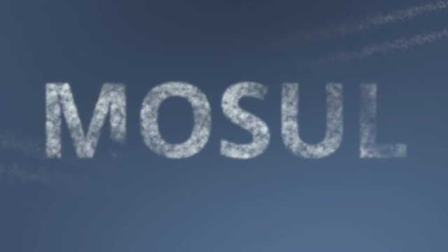 Flying airplanes reveal Mosul caption. Traveling to Iraq conceptual intro animation