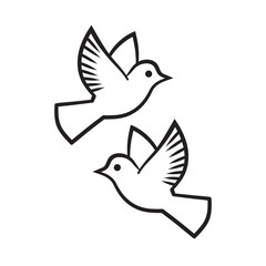 Vector black silhouette pair of flying doves. Wedding two pigeon birds