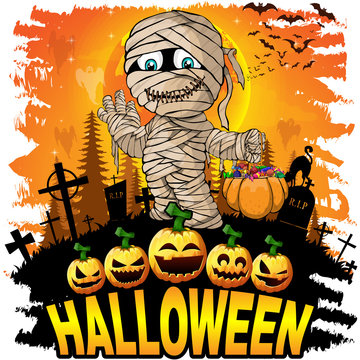 Halloween Design template with mummy. Vector illustration.