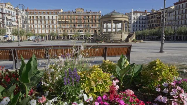 Plaza del Castillo, Pamplona. Gimbal shot of main square of Pamplona, Navarra, Spain. UHD, 4K