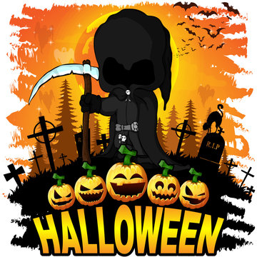 Halloween poster with dark reaper. Vector illustration.