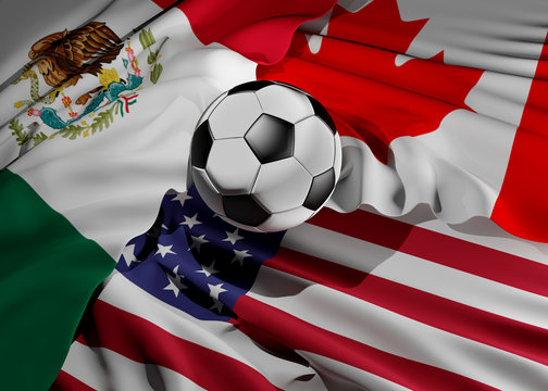 soccer ball flags of USA Mexico Canada 3d-illustration
