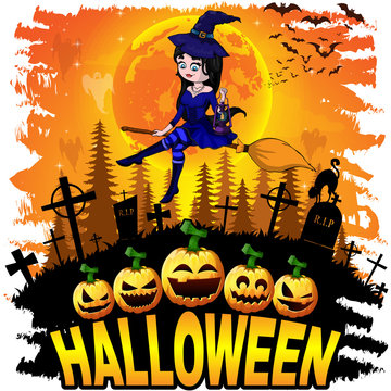 Halloween design template with witch. Vector illustration.