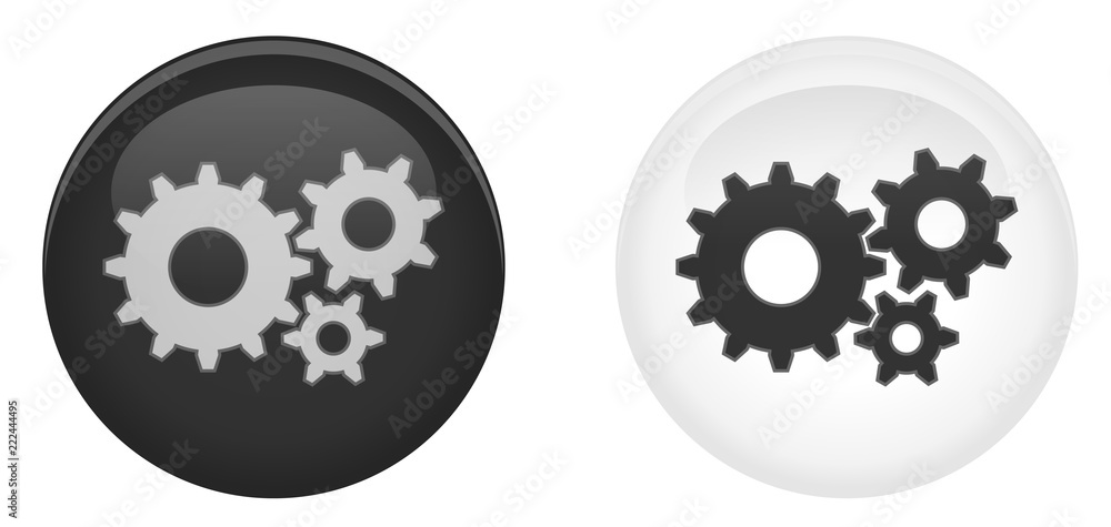 Poster simple settings 3d button. gears/cog wheel symbol in circle. dark and light version.