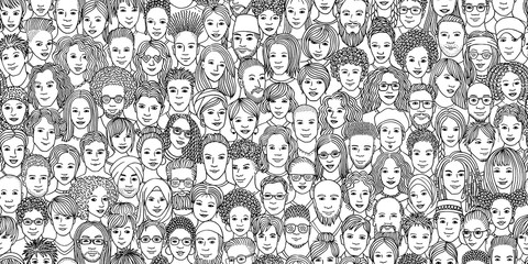 Diverse crowd of people - seamless banner of 100 different hand drawn faces of various ethnicities - 222444451