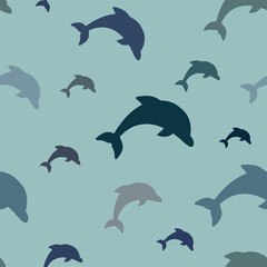 Seamless pattern - simple jumping dolphins in various shades of blue on aqua background.