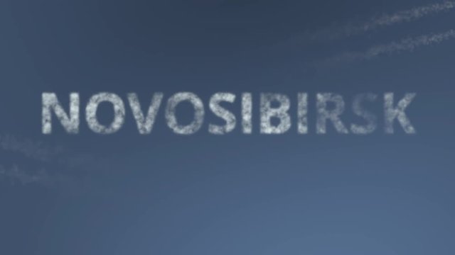Flying airplanes reveal Novosibirsk caption. Traveling to Russia conceptual intro animation