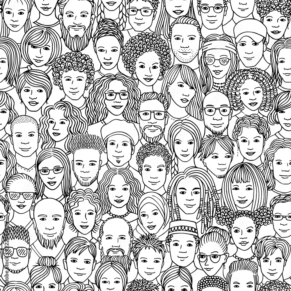 Wall mural Diverse crowd of people - seamless pattern of hand drawn faces of various ethnicities