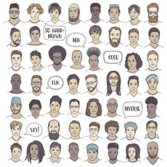 Set of fifty hand drawn male faces, colorful and diverse portraits of men of different ethnicities