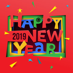 Creative happy new year 2019 design. Happy new year 2019 paper art and craft style. Vector illustration. Isolated on white background